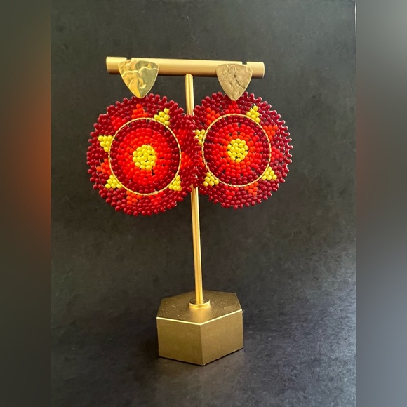 Red Boho Chic Dangle Earrings - Trendy Sun Beaded Dangle Earrings - - Picture 2 of 8